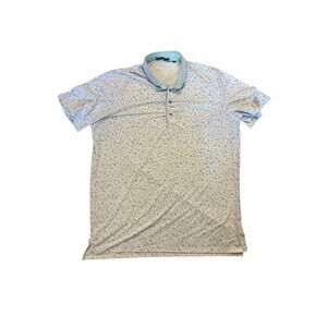 Men XL Greyson Cream Blue Magical Ferns Leaf Print Short Slv Golf Polo Shirt Top